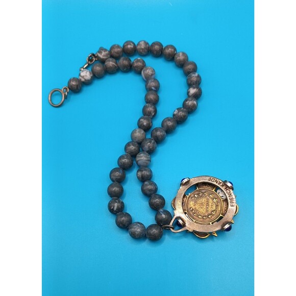 French Kande Necklace 2016 Layered Cross Gray Stone Bead 17" - Picture 10 of 10